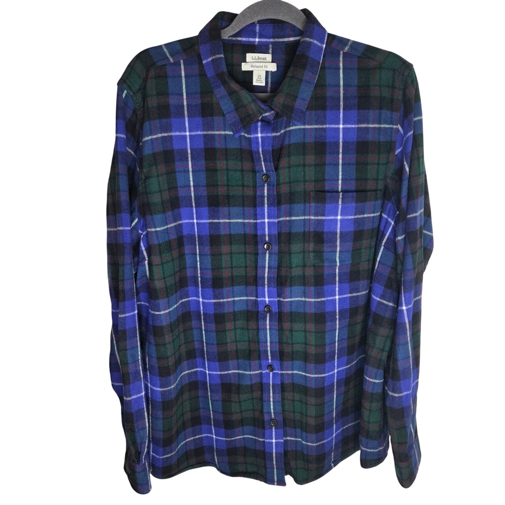 LL Bean Vintage Relaxed Fit Flannel Shirt Women's Plus 2X Blue Green Plaid